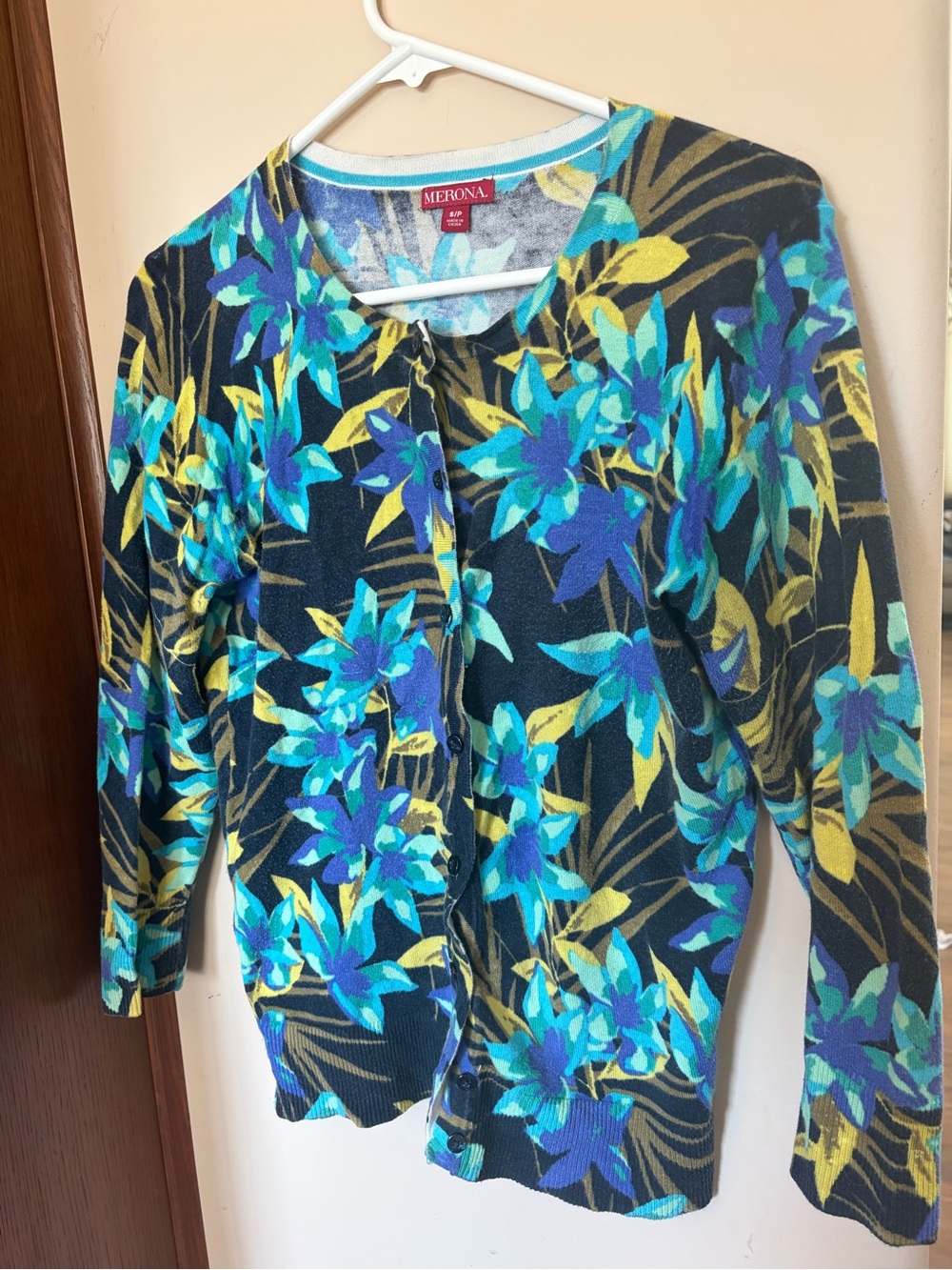 Merona Black Cardigan with Teal, Blue & Yellow Floral Print